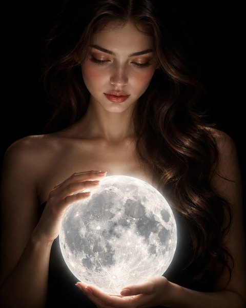 A woman holding a glowing full moon in her hands